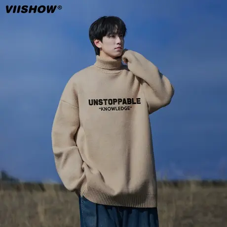 VIISHOW可翻高领毛衣男冬季加厚加绒保暖潮流字母美式复古针织衫商品大图