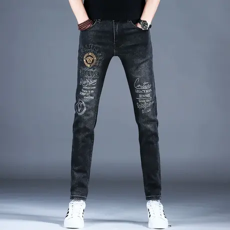 时尚黑色男士精致刺绣烫钻小脚牛仔裤子2023冬季美式男潮牌百搭款商品大图
