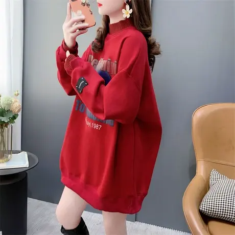 美式复古新年红色假两件加绒加厚卫衣女秋冬外穿宽松休闲爆款外套商品大图