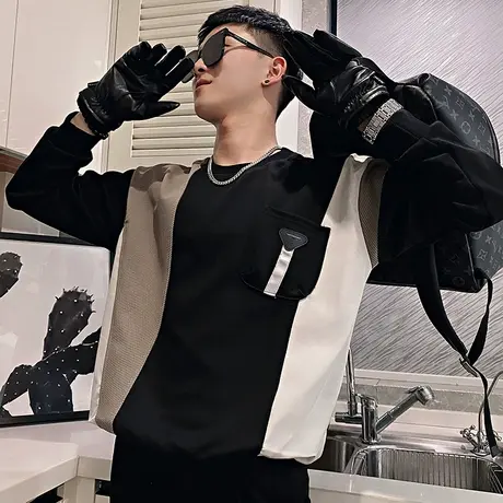 重磅潮牌秋季拼色休闲卫衣潮男痞帅高级感宽松拼接上衣长袖t恤ins商品大图