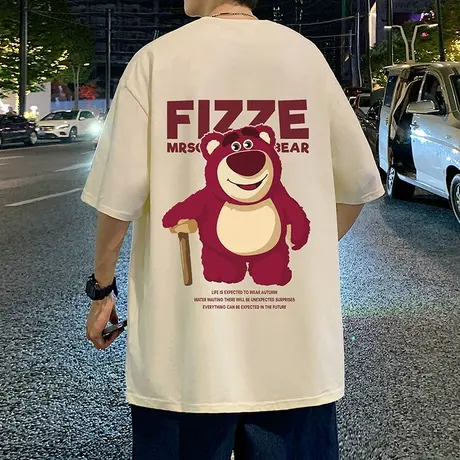 纯棉夏季短袖t恤男潮牌美式高街2024新款半袖oversize草莓熊体恤商品大图