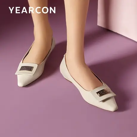 意尔康浅口方扣尖头单鞋女2024新款春季通勤舒适一脚蹬平底豆豆鞋商品大图