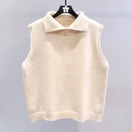 复古设计感polo领针织马甲女冬季2024新款宽松外穿无袖毛衣背心图片