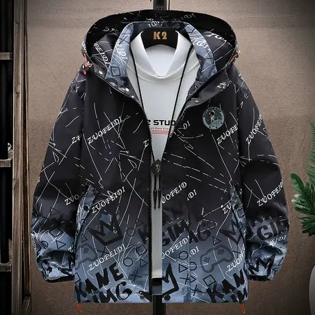 渐变色外套男秋冬款加绒帅气连帽夹克男青少年潮牌宽松春秋冲锋衣图片