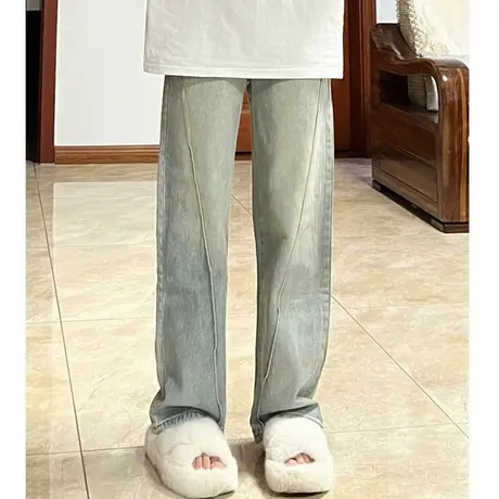 黄泥染直筒牛仔裤女秋冬美式复古小众设计感春季高腰显瘦阔腿裤子图片