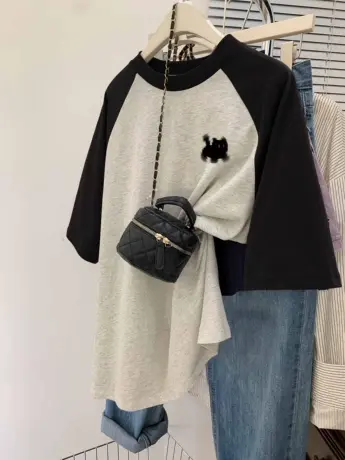 夏季港味女装T恤胖mm大码遮肉插肩袖上衣ins潮纯棉设计感拼接短袖商品大图