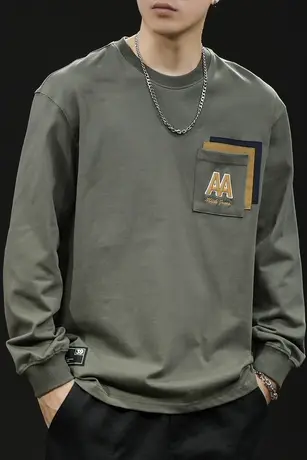 贴袋长袖t恤男纯棉宽松大码春季2024新款男士重磅圆领衣服春秋款图片