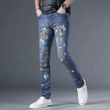 高端刺绣牛仔裤男款春夏季2024新款修身小脚蓝色薄款弹力男士裤子商品大图