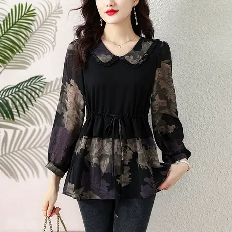 衬衣2024年新款女时尚假两件雪纺衫女收腰显瘦高端减龄女士打底衫商品大图