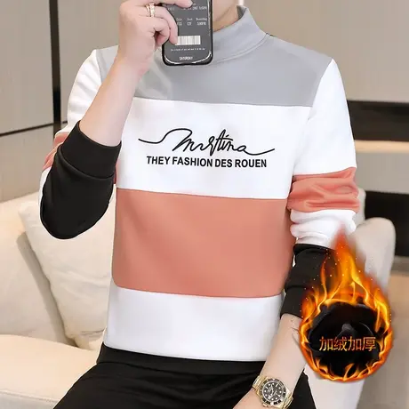 长袖T恤男士2023秋冬季新款加绒加厚半高领卫衣韩版修身打底体恤商品大图