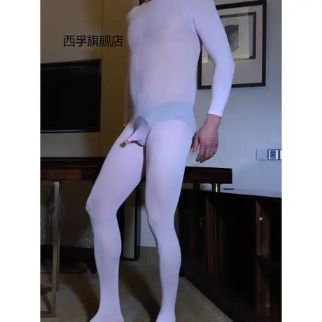 120D天鹅绒高弹超柔大码男士性感连身袜连体衣成人白色全身丝袜商品大图