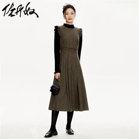 佐丹奴裙子女装小格纹梭织荷叶边绑带圆领背心连衣裙 18463632图片