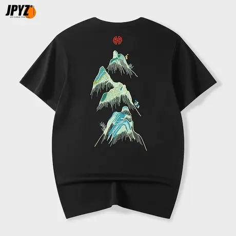 千山刺绣短袖T恤男夏季潮流男装2023新款宽松上衣纯棉国朝体恤衫T商品大图