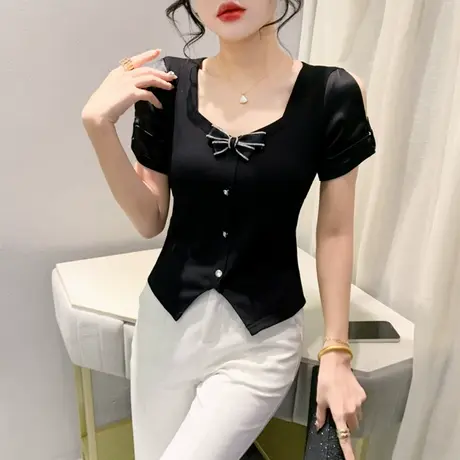 设计感蝴蝶结女短袖欧货T恤方领开叉上衣修身气质拼接烫钻打底衫商品大图