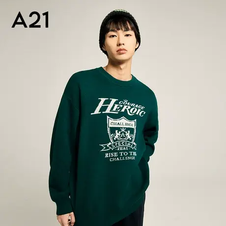 A21男装宽松圆领长袖毛衣 秋冬季男士毛衫提花针织衫男白色线衣商品大图