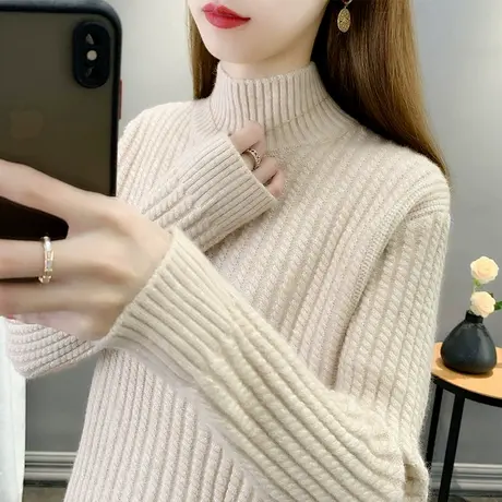 半高领毛衣女加厚套头内搭打底2023新款秋冬宽松外穿洋气针织毛衣商品大图
