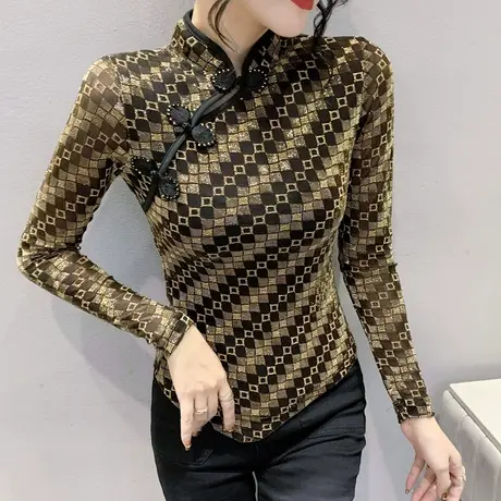 洋气金线格子上衣女修身长袖复古盘扣气质打底衫设计感不规则T恤商品大图
