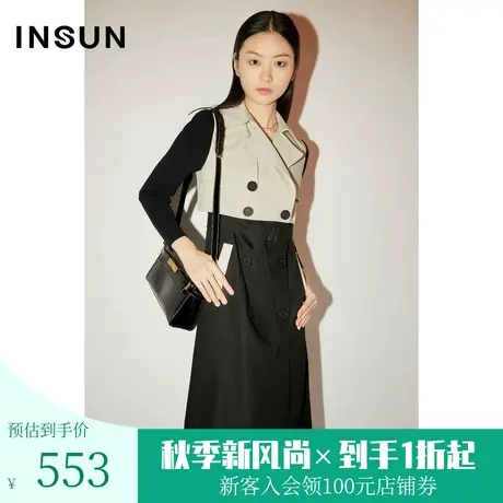 恩裳COVER春秋季时尚撞色设计拼接针织袖干练通勤风衣外套图片