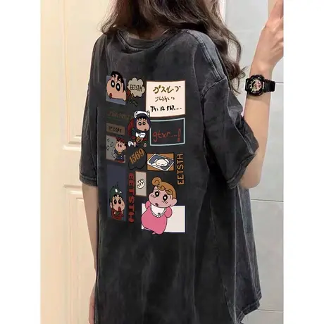 美式复古水洗做旧短袖t恤女2023夏季新款半袖宽松情侣装体恤上衣商品大图