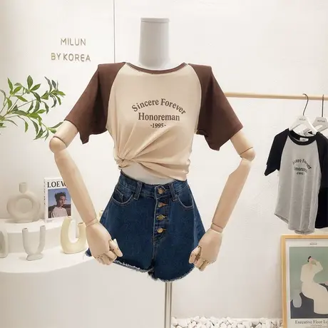 韩国东大门短款高腰上衣2022夏季chic小众复古字母插肩袖T恤短袖商品大图