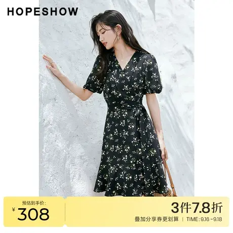 红袖outlets碎花连衣裙hopeshow2023秋季新款女泡泡袖雪纺收腰裙图片