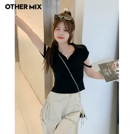 Othermix小心机修身T恤女2023夏季新款韩版短袖翻领短款弹力上衣图片