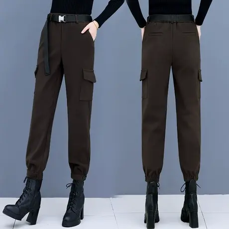 毛呢工装裤女小个子高腰束脚直筒哈伦裤2023秋冬新款加厚休闲九分图片