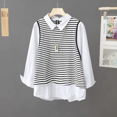 洋气女装假两件条纹马甲衬衫女长袖套头宽松百搭小众休闲衬衣上衣图片