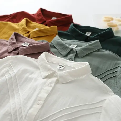 春秋装日系文艺小清新褶皱双层棉纱长袖白衬衫女宽松百搭打底上衣商品大图