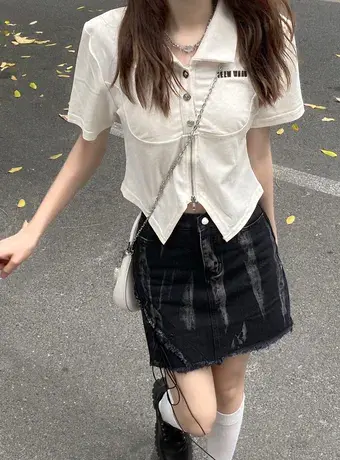 美式复古纯棉polo衫短袖t恤女夏季半袖设计感小众短款辣妹上衣服商品大图