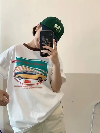 红续日系复古老爷车印花纯棉宽松短袖T恤女ins小众设计感撞色上衣商品大图
