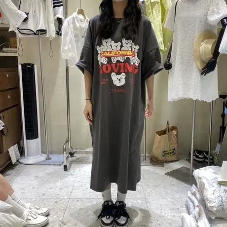 连衣裙女2021夏季新款韩版ins潮中长款宽松显瘦小熊半袖网红裙子商品大图