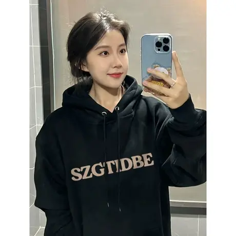 秋冬连帽卫衣女加绒加厚宽松美式复古小众设计感潮牌ins外套上衣图片