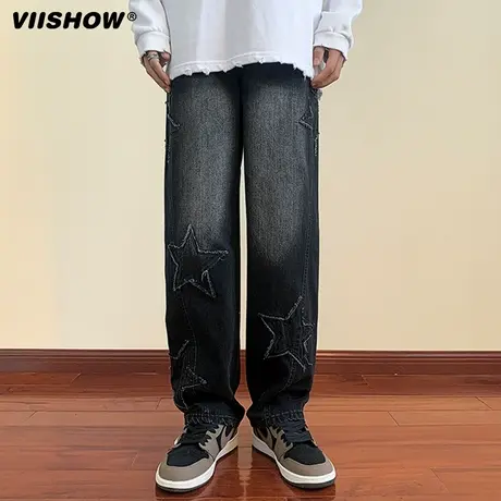 VIISHOW美式牛仔裤男潮牌春秋星星阔腿裤子宽松高街秋季直筒裤商品大图