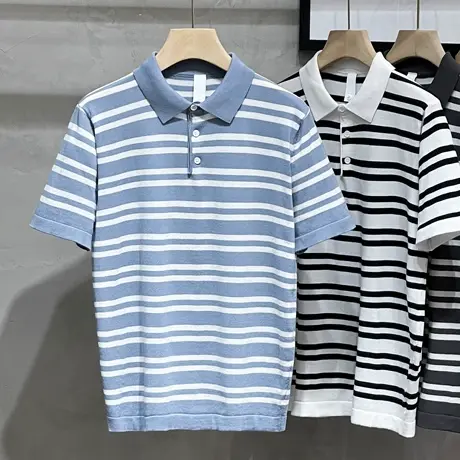 男士条纹针织polo衫春夏商务休闲针织T恤修身帅气薄款冰丝短袖潮商品大图