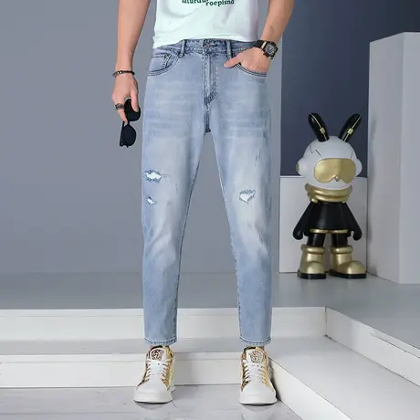 春夏时尚破洞牛仔裤男士休闲修身小脚裤子男韩版潮流百搭牛仔裤商品大图