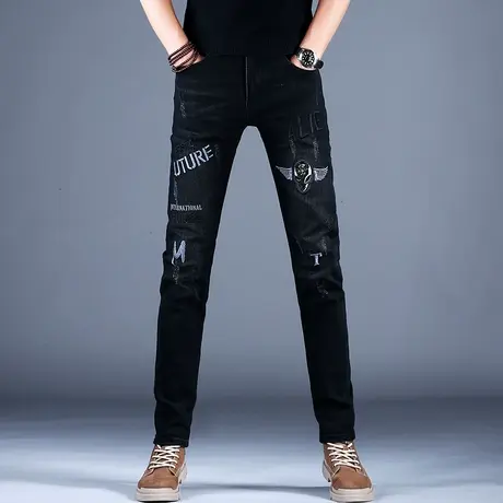 男士黑色刺绣牛仔裤男高端潮牌修身小脚裤子2023新款裤子休闲男款商品大图