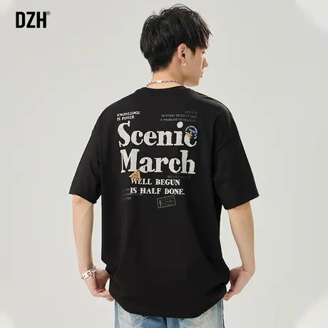 男士黑色t恤男夏季潮流宽松上衣半袖短袖男款美式高街五分袖体恤商品大图