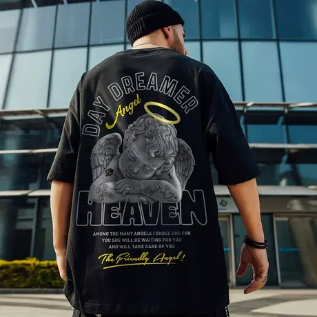 嘻哈国潮胖子短袖男潮牌潮流加肥加大t恤宽松五分袖情侣半袖男潮商品大图