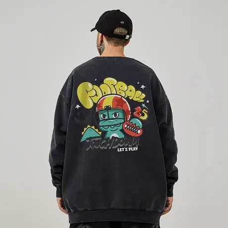 oversize港风圆领卫衣男潮牌重磅加肥加大码男装春秋加绒复古做旧商品大图