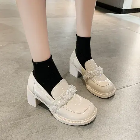 鞋子女2023年新款春季乐福英伦风小皮鞋日系jk粗跟单鞋水钻高跟鞋图片