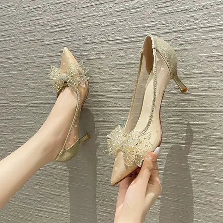 高跟鞋女细跟2023年新款蝴蝶结女士网纱透气仙女风配裙子尖头单鞋图片