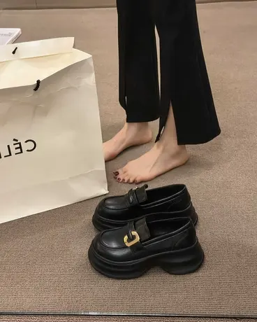 小皮鞋女英伦风单鞋2023新款夏季春秋女鞋子厚底黑色一脚蹬乐福鞋商品大图