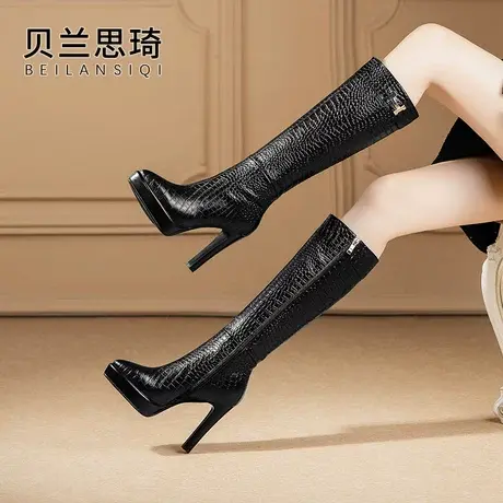 全真皮防水台超高跟长靴女不过膝2023秋冬季新款厚底粗跟高筒靴子图片