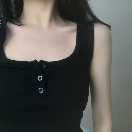chic百搭基础款纽扣吊带背心女2024夏复古外穿无袖T恤螺纹棉上衣商品大图