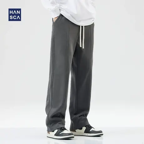 hansca直筒灰色卫裤男2022年秋冬季加厚美式潮牌宽松抽绳运动长裤商品大图