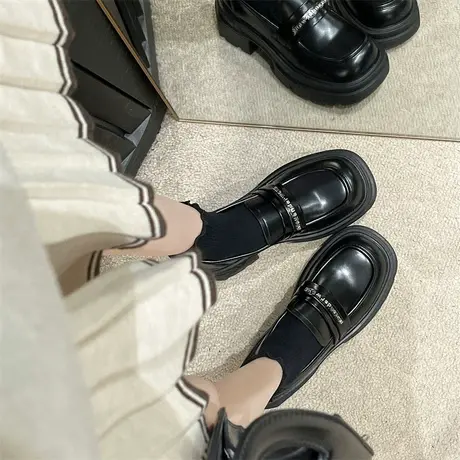 乐福鞋女2024年新款春秋通勤高级配裙子单鞋一脚蹬粗跟高跟小皮鞋商品大图