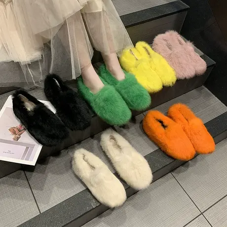毛毛鞋女外穿秋冬季新款百搭网红加绒加厚厚底保暖一脚蹬豆豆棉鞋图片