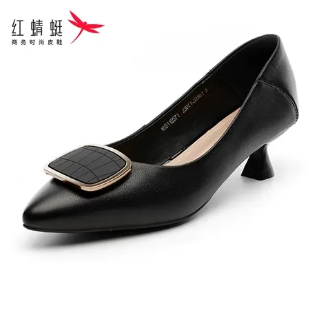 红蜻蜓女鞋季春夏新款真皮中高跟舒适透气通勤工作尖头百搭职场鞋图片