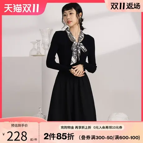 阿依莲春装新款连衣裙女洋气减龄显瘦修身飘带毛织拼接黑色裙子B3图片
